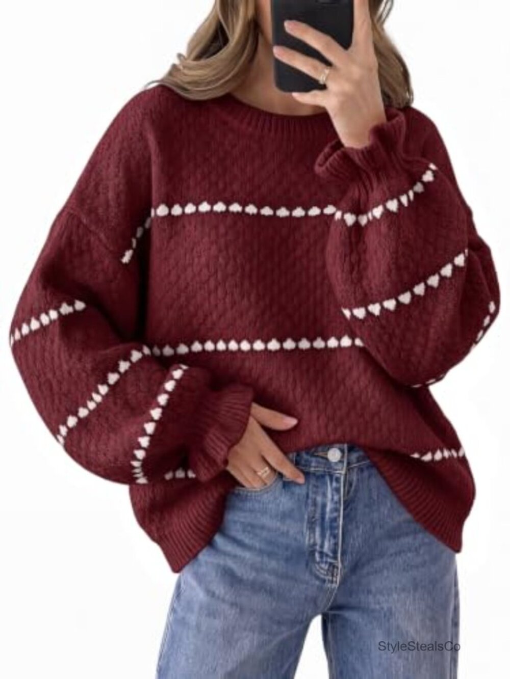 Oversized Chunky Knit Heart Sweater Ruffle Pullover Top